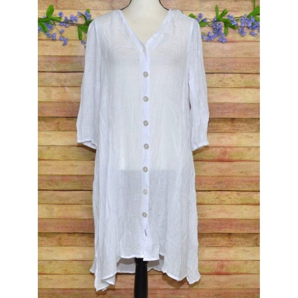 Mlle Gabrielle White Gauzy Sheer Button Up 3/4 Sleeve V-Neck Shirt Dress Size XL